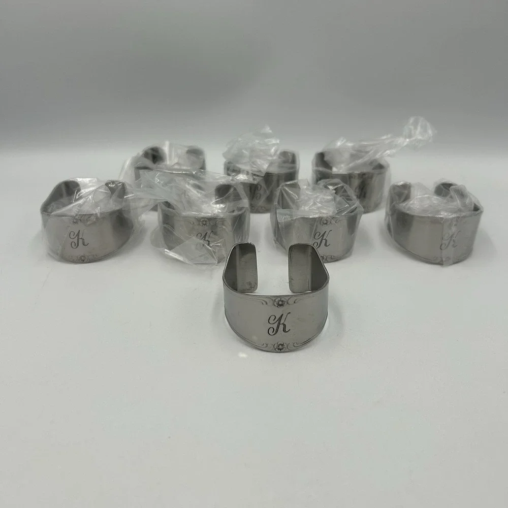 Custom Craft Stainless Napkin Ring Holders Monogram K Set of 8 Silver T-140